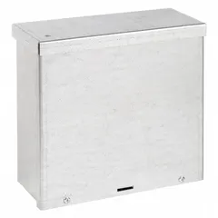 Galvanized steel enclosure with a solid screw-on cover and clamps for closure. Measures 18 x 18 x 6 inches. NEMA 3R rated for outdoor or indoor use where protection against rain and sleet is needed. Includes knockouts for conduit entry. Suitable for housing electrical components, terminals, and industrial controls.