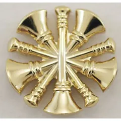 Metallic insignia featuring crossed fire bugles, the traditional symbol for a Fire Chief. Gold finish, metal construction, 3/4 in size, with clutch pin attachment. Sold as a pair (1 PR).