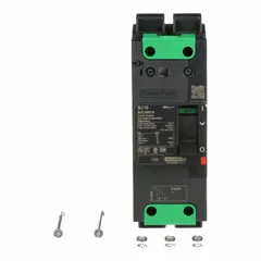 This 2-pole molded case circuit breaker is rated 15 A with a maximum interrupting rating of 100kA at 120/240V AC. It features a fixed instantaneous trip and Everlink Lug terminals on both line and load ends. Suitable for overcurrent protection in industrial electrical panels and distribution systems where high fault currents may occur.