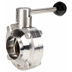 This 3-A certified butterfly valve features a 316L stainless steel body and disc with an average surface roughness (Ra) of ≤ 32 micron, suitable for sanitary processing lines. It has a lever handle with 4 stop positions and a maximum pressure rating of 140 psi CWP. The valve is designed for solder-end connections in applications requiring cleanability and corrosion resistance.