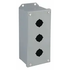 Carbon steel enclosure with three holes for mounting 30mm push buttons, pilot lights, or selector switches. Provides oil-tight and dust-tight protection meeting NEMA 13/3 standards. Suitable for industrial control panels in environments exposed to dust, oil, and water.