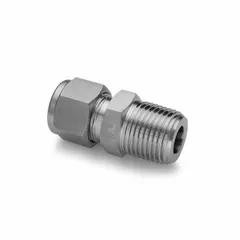 Straight compression tube fitting made of nickel-copper alloy for corrosion resistance. Connects 3/8 in tubing to a 1/4 in male NPT port. Rated for -320°F to 500°F and 3,000 psi maximum operating pressure. Suitable for chemical, marine, and cryogenic applications.
