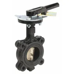 This 3-inch ductile iron butterfly valve features a concentric lug-style body with a lever handle. The CF8M stainless steel disc and FKM seal provide corrosion resistance for general-service on-off flow control in industrial piping systems. Rated for 200 psi CWP, it allows downstream isolation when installed with companion flanges.