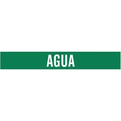 Green fiberglass pipe marker with white 'Agua' legend, designed for pipes with outer diameter 2-1/2 to 7-7/8 inches. Supplied without arrows, includes one marker. Used to identify water pipes in industrial facilities, meeting ANSI/ASME A13.1 color standards for pipe marking.