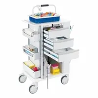 This aluminum medical procedure cart features a white cabinet and white drawers. Configured with two swivel casters and two swivel casters with brakes, it provides maneuverability and stability in clinical environments. Suitable for organizing and transporting medical instruments and supplies during patient procedures
