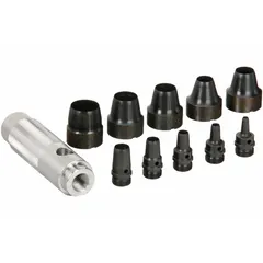 This 11-piece set includes hollow punches in SAE sizes, with a 3/8 in punch and overall lengths ranging from 1 in to 5/8 in. The punches are hollow-ground for cutting clean gaskets from sheet materials. The set is supplied in a leather case for organized storage.