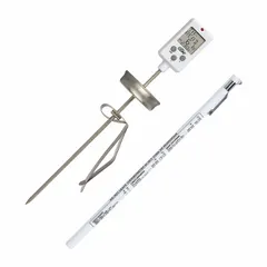 This candy and frying thermometer features a multiline LCD display and a metal-detectable ABS plastic case with LCD lens. It has an overall length of 10 7/8 inches and an accuracy of ±1.5 °F. Suitable for precise temperature monitoring in candy making, frying, and other food-processing applications.