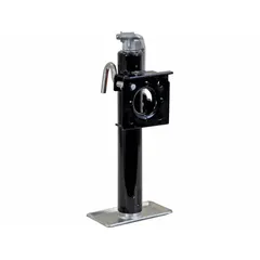 Trailer jack without wheels, designed for lifting and supporting trailer tongues during coupling or parking. Features a topwind handle and weld-on swivel bracket mounting. Finished with a powder-coated surface.