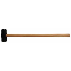 This sledge hammer features a 16 lb steel head with a 2 3/4 in diameter octagonal striking face and a 36 in wood handle. It is suited for heavy demolition, driving stakes, and breaking concrete or masonry. Meets ANSI standards.