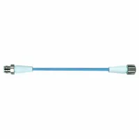 Double-ended cordset with M12 male straight and M12 female straight connectors. Features 5 pins, 22 AWG wire, 3 m cable length, and pastel blue TPE-S jacket. Rated IP65 for use in washdown environments typical of food and beverage processing