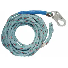 This vertical rope lifeline is a fall protection component for single-worker systems. It consists of a 50 ft blue copolymer rope with a steel snap hook and taped end, rated for 310 lb capacity. Designed for use with rope grabs, shock-absorbing lanyards, full body harnesses, and anchorages in construction, maintenance, and industrial applications.