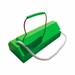 This aircraft wheel chock is made of urethane and measures 20 inches long, 8 inches wide, and 6 inches high. It is supplied in green and includes one chock. Used to secure aircraft on ramps, hangars, and runways during loading, maintenance, or parking.
