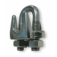Cast 304 stainless steel U-bolt clip for forming load-bearing eyes or loops at the end of wire rope. Compatible with 3/16 in rope diameter and 3 3/4 in rope turnback length. Silver finish. Used in rigging, lifting, and towing applications to secure rope turnback and prevent slippage under tension.