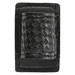 Duty equipment pouch constructed from black synthetic leather with a basket weave finish. Measures 3 1/2 inches by 3 1/4 inches. Designed to carry a standard flashlight for quick access during security, law enforcement, or maintenance tasks.