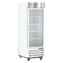 This 23 cu ft upright lab refrigerator maintains a temperature range of 1°C to 10°C for storage of reagents, samples, and media. It features a white swing glass door that opens to the right, a temperature alarm, and uses R-290 refrigerant. Overall depth is 34 3/4 in.