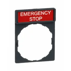 Rectangular non-metallic legend plate for 22 mm panel mounting, measuring 1 5/8 in overall height by 1 3/16 in overall width. Features a red background with white 'Emergency Stop' text in English, suitable for labeling emergency stop push buttons in industrial control panels.