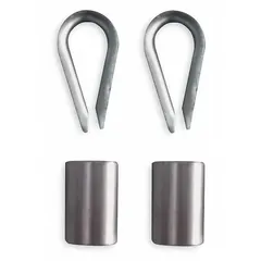 This clip and thimble kit is used to create secure terminations on wire rope for rigging and lifting applications. It includes two stainless steel thimbles that protect the rope eye from wear and crushing. The kit is a plain type, suitable for general-purpose use.