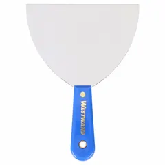 Standard spreading tool with a carbon steel blade and plastic handle. The tapered blade shape is suited for applying joint compound or spackle to drywall seams and corners, allowing controlled smoothing and finishing.