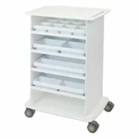 This medical procedure cart from MARKETLAB is constructed of EPVC with a white cabinet and drawer. It features four shelves and a caster configuration of two swivel and two swivel with brake, providing mobility and stability in clinical environments for transporting supplies and instruments
