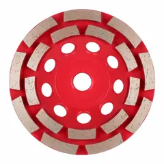 Double-row diamond segment cup grinding wheel from the Diamond Max™ series. Features 18 segments for fast material removal on concrete, masonry, and stone surfaces. Suitable for surface leveling, coating removal, and general grinding applications.