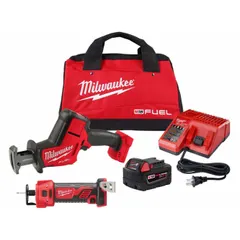 This kit includes an M18™ 18V cordless cut-out tool and an M18™ 18V cordless reciprocating saw. The cut-out tool is suited for drywall and panel cutting, while the reciprocating saw handles wood, metal, and demolition cutting. Both tools operate on the M18™ battery system for job-site portability.