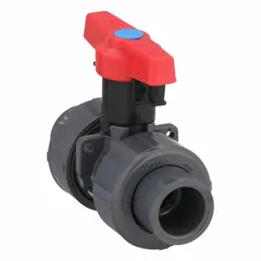 This manual two-way ball valve features a PVC body with socket and female NPT ends. Rated for 235 psi CWP, it is suited for on-off control in industrial piping systems handling compatible fluids.