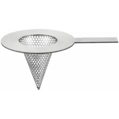 This temporary strainer is constructed with a 304 stainless steel body and designed for 4 in pipe size. It has a length of 5 1/8 in and a flange diameter of 6 3/4 in. Used for inline filtration during system startup or maintenance to protect downstream equipment from debris.