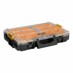 Plastic tool organizer box in black and clear. Dimensions: 14 5/8 in width, 20 15/16 in depth, 5 1/8 in height. Clear design allows visual identification of contents. Suitable for organizing and transporting tools and accessories on job sites.