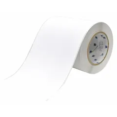 Polyester, white matte indoor continuous label roll, 6 in x 100 ft. Inkjet print-receptive material for use with BradyJet J5000 printer series. Suitable for industrial identification and labeling tasks such as asset tracking, cable marking, and facility signage.