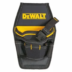 Polyester tool pouch with seven pockets for drill bits. Features a buckle closure and belt slot for belts up to 2.5 inches wide. Color: Black/Yellow.