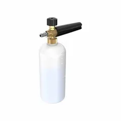 This plastic foam cannon attaches to pressure washers via a 1/4-inch male inlet. It is rated for 2.3 gpm and delivers thick foam for cleaning vehicles, equipment, and outdoor surfaces. The 9-inch overall length provides reach during use.