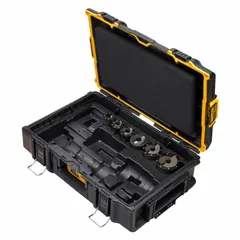 Hydraulic knockout tool for punching holes in steel sheet metal up to 10 gauge. Used in electrical panel fabrication, switchgear assembly, and metal enclosure work for precise conduit or cable entry openings.