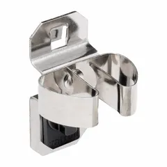 This spring clip toolholder is designed for surface mounting on square-hole pegboard. It features three hooks with a 2-3/4 in depth and includes ABS retainers to secure large bits. Made of brushed stainless steel in a silver finish, it provides organized storage for workshop or garage tool access.