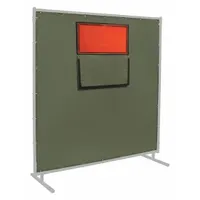 Standard welding curtain made of cotton duck material, measuring 6 ft in height and 8 ft in width in olive green. Includes a transparent window for visibility while shielding from sparks, UV radiation, and weld spatter. Suitable for use in fabrication shops, maintenance bays, and industrial workspaces where arc welding is performed