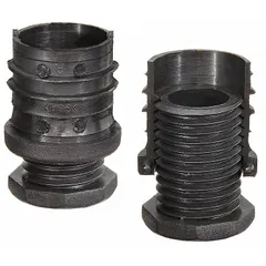 Tube end leveling mount with integrated foot, made of technopolymer with an M22 male thread. Used for height adjustment and leveling of industrial equipment such as machinery frames and conveyor systems.