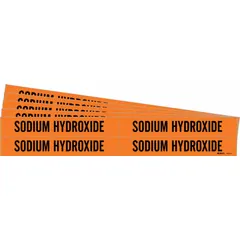Orange pipe markers with black legend reading 'Sodium Hydroxide', designed for adhesive application on pipes with outer diameter from 3/4 to 2 3/8 inches. Each pack contains 4 markers without arrows, supplied in a 5-pack. Used to identify piping carrying sodium hydroxide in industrial facilities.