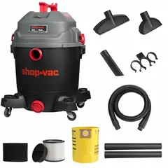 This SHOP-VAC wet/dry vacuum features a 12-gallon plastic tank that resists dents and corrosion. It includes a 2-1/2 inch diameter, 7-foot hose and Quiet Technology for reduced noise. Suitable for general-purpose cleanup of liquid spills and dry debris in workshops, garages, and industrial sites.