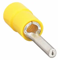 Insulated pin terminal with yellow vinyl insulation and 0.11 in pin diameter. Butted seam design for reliable crimping. Used for terminating stranded wire in control panels, industrial machinery, and electrical enclosures.
