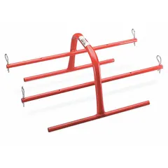 This portable reel stand is constructed from steel with an epoxy-coated finish. It measures 13 1/2 inches by 24 inches by 9 1/2 inches and accommodates up to four spools. Used in material handling for dispensing wire, cable, or similar spooled products during installation or rewinding tasks.
