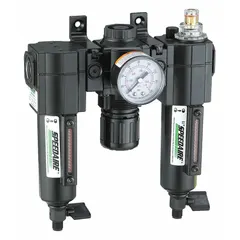 This combined filter, regulator, and lubricator unit conditions compressed air in pneumatic systems. It filters particles to 5 micron, regulates pressure up to 250 psi, and lubricates downstream components. With 51 cfm flow capacity, it is suited for industrial applications requiring clean, regulated, lubricated air.