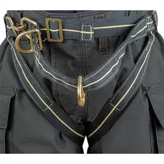This NFPA Class II harness features Kevlar webbing and steel hardware, with pass-through leg strap buckles and no D-rings. It accommodates waist sizes from 34 to 40 inches and complies with NFPA 1893 standards. Suitable for rescue and confined-space operations where heat or abrasion resistance is required.