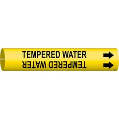 Snap-on pipe marker for identifying tempered water lines. Yellow background with black legend and directional arrows. Fits pipe outer diameters of 4 to 6 inches. Suitable for industrial piping systems where clear identification of water lines is required.