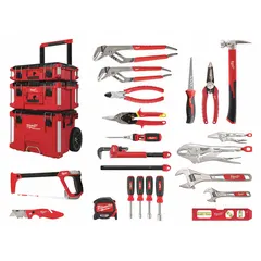 This 22-piece plumbing maintenance tool set includes four nut drivers, two adjustable wrenches, a knife, and a cheater pipe. The tools are organized in a rolling modular toolbox for convenient transport and storage on job sites.