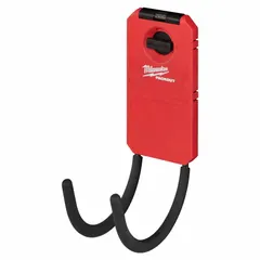 This curved hook is a storage accessory for PACKOUT wall plates and systems, designed to hang tools, cords, or equipment. Constructed from metal and polymer with a black and red finish, it measures 3-13/16 inches deep, 10-1/4 inches high, and 7-1/16 inches long. Suitable for organizing vertical space in workshops, job sites, and garages.