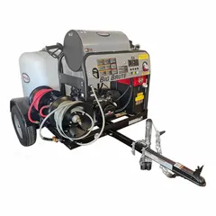 Hot water pressure washer on a cart with heavy-duty trailer mount. Powered by diesel with direct drive operation. Suitable for industrial cleaning tasks such as removing grease, oil, and grime from equipment, vehicles, and surfaces.
