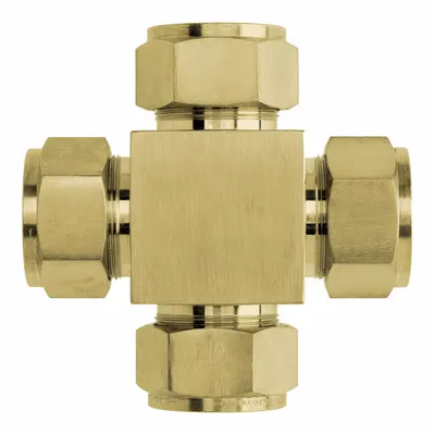 BRENNAN INDUSTRIES Compression Cross Fitting: 1/8 in OD x 1/8 in OD x 1/8 in OD x - Clean & Bagged Double-Ferrule Brass Compression Fittings