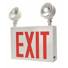 Exit Sign with Emergency Lights: White, 1 Faces, Red, LED, Ceiling/Wall, Lead Calcium, 120/277V AC (MPN LHXNY W 1 R). Key specifications — attr57984: 120/277V AC; attr57974: No; attr57949: White; attr57928: LITHONIA LIGHTING; attr57944: Universal Field Selectable Chevrons; attr57957: LED; attr57972: Yes; attr57980: Red.
