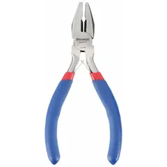 Flat jaw lineman's pliers with 3/4 in jaw length, 1/4 in jaw width, and 1/4 in jaw thickness. Overall length of 4-1/2 in with dipped handles. Not insulated. Used for gripping, twisting, and cutting wire in general electrical and industrial maintenance tasks.