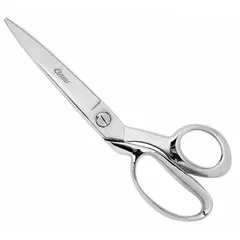 These all-metal offset scissors feature a 10-inch overall length with straight, pointed steel blades and a silver finish. The offset handle design provides ergonomic operation for right-hand users. Suitable for cutting heavy fabrics such as canvas in industrial sewing, upholstery, and textile manufacturing applications.