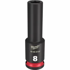 Metric 8 mm 6-point deep impact socket with 3/8" drive and friction retention. Black phosphate finish. Used for fastening and loosening metric hex fasteners in automotive, construction, and industrial maintenance, particularly in recessed or tight spaces.